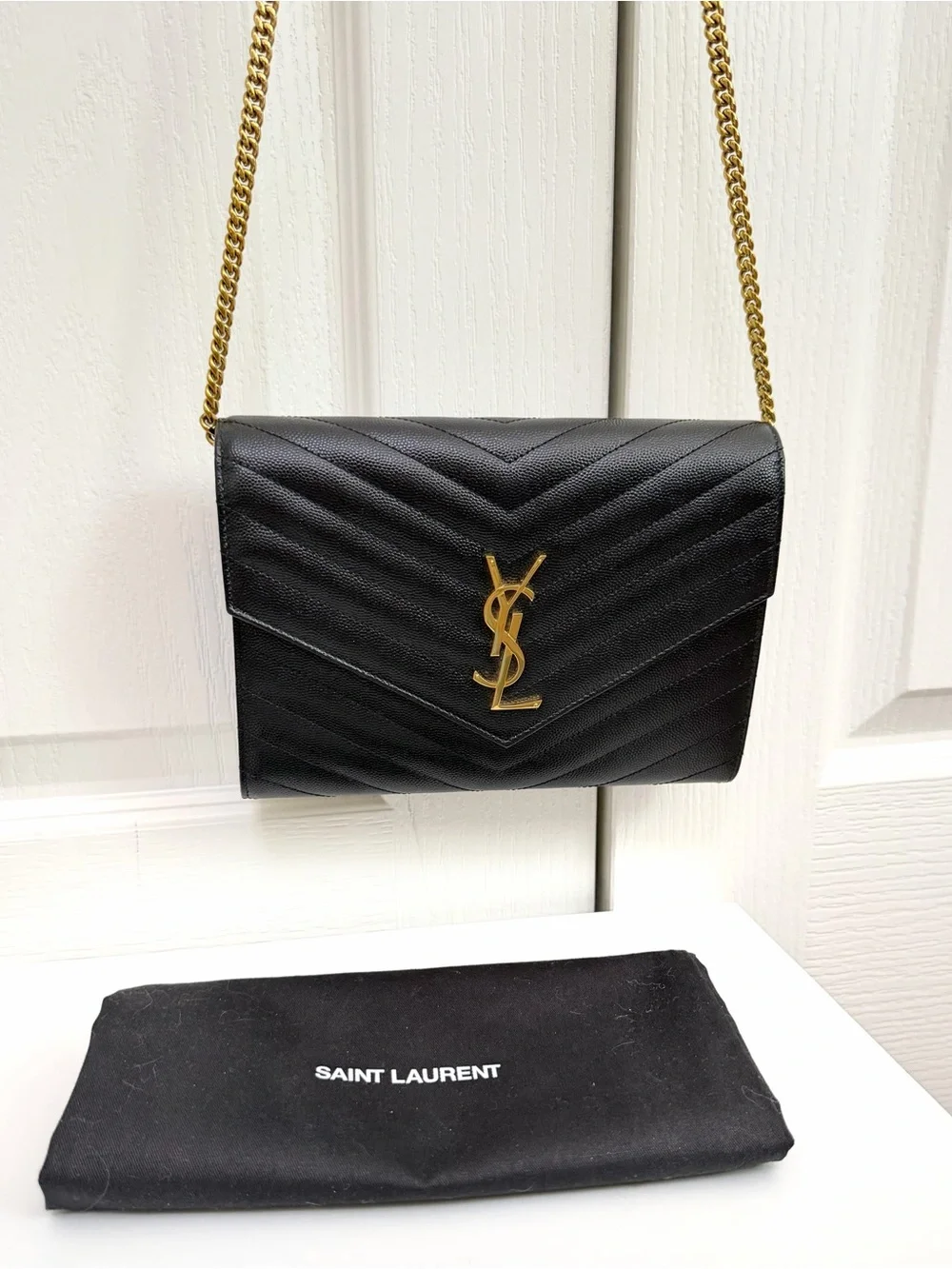 Saint Laurent Black Chevron Quilted Leather Clutch with matching Card Holder